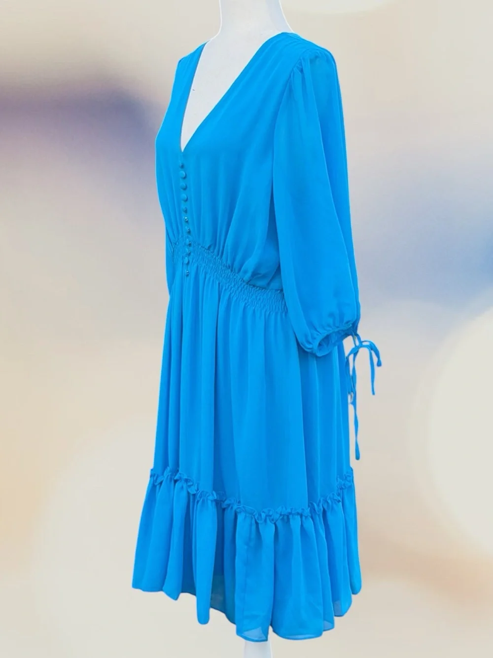 Taylor Turquoise Chiffon 3/4 Ballon Sleeve Ruffle Hem Midi Swing Dress, L